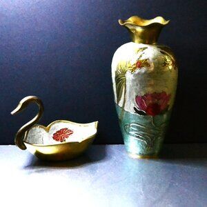 Pair Of Brass And Enamel Decor Swan Shape Nut Dish Vase Floral Motif Accents